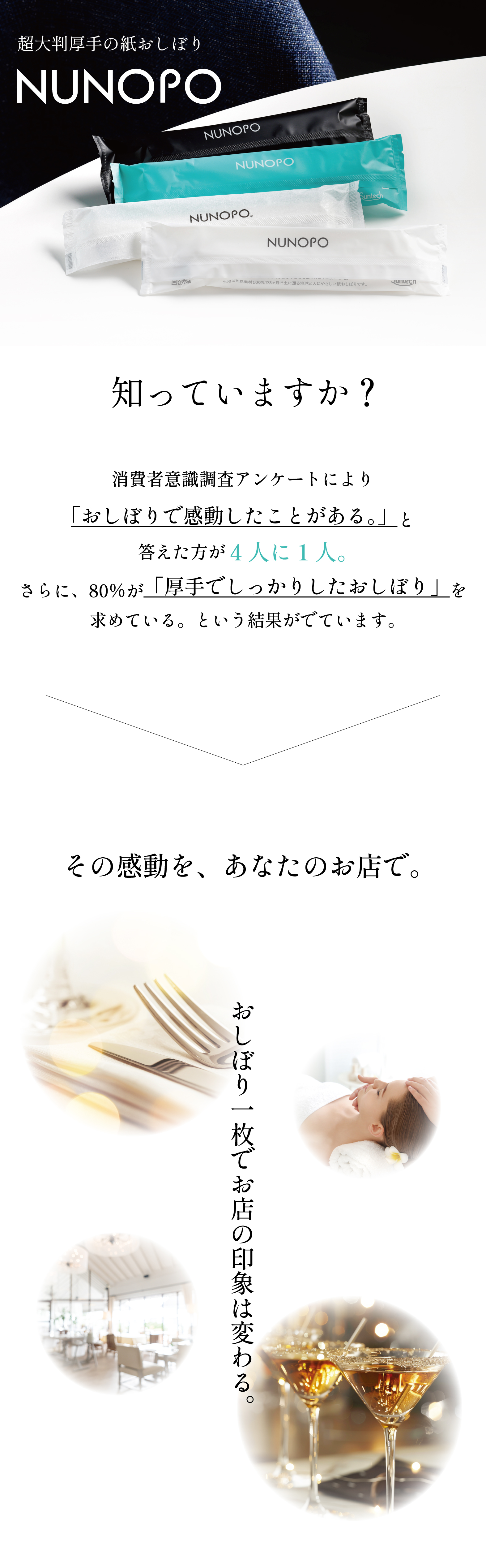 消費者意識調査アンケートにより「おしぼりで感動したことがある。」と答えた方が4人に1人。さらに、80％が「厚手でしっかりしたおしぼり」を求めているという結果がでています。その感動をあなたのお店で。おしぼり一枚でお店の印象が変わる。